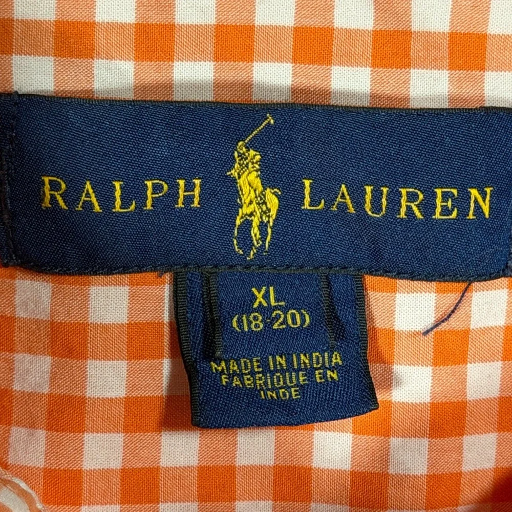 Ralph Lauren Kids XL Orange Gingham Check Cotton Button Dn‎ Shirt Blue Pony Logo